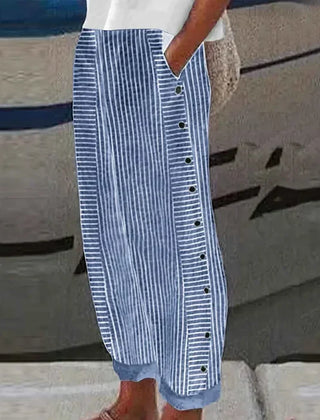 Inaya striped trousers side button detail
