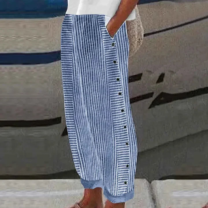 Inaya striped trousers side button detail