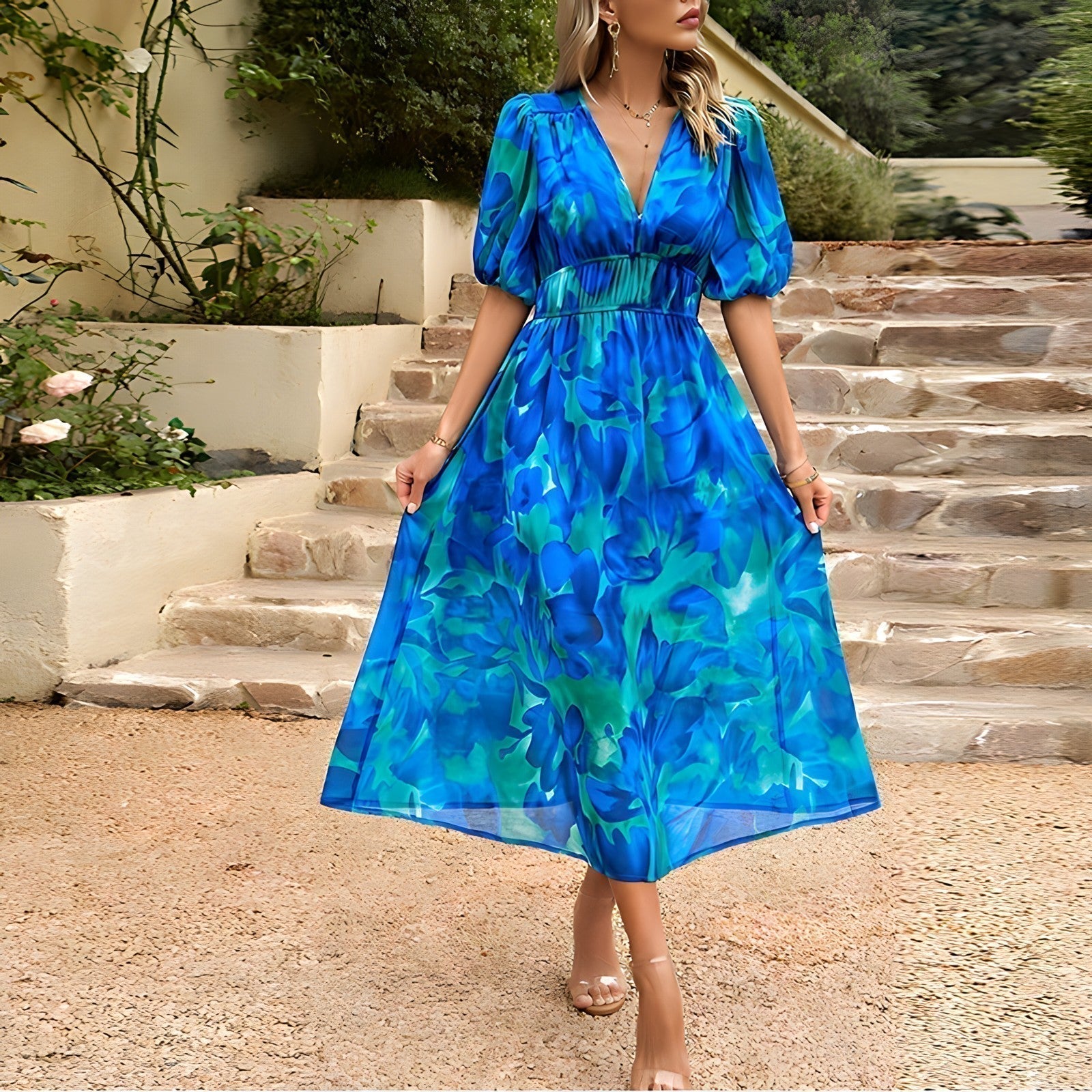 Floral chiffon midi dress front view