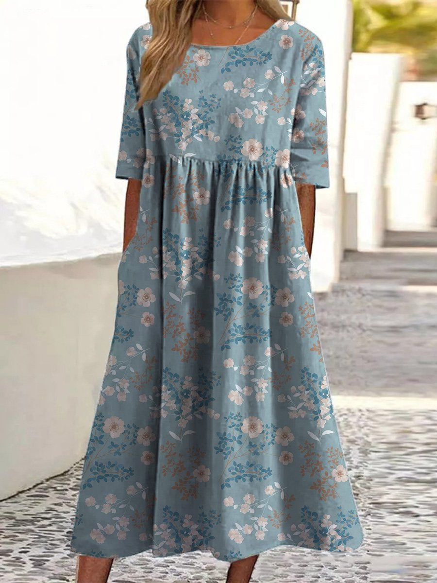 Close view of the embroidery and round neck