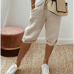 Aleah linen cotton trousers, side view of the relaxed leg