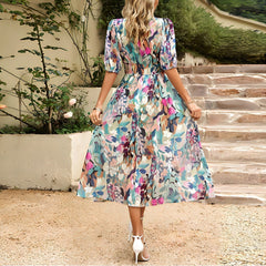 Floral midi dress styled outdoors