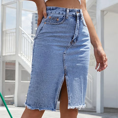 Denim midi skirt with front slit, front view