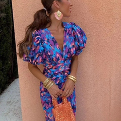 Loren Dress With Puff Sleeves, Printed V-Neck Midi Dress