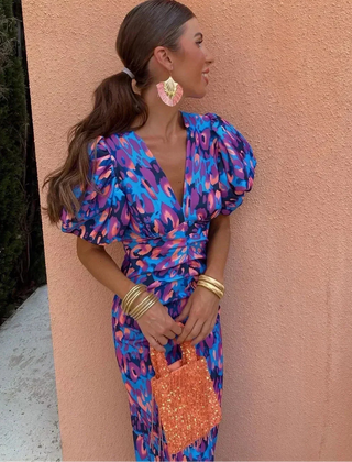 Loren Dress With Puff Sleeves, Printed V-Neck Midi Dress