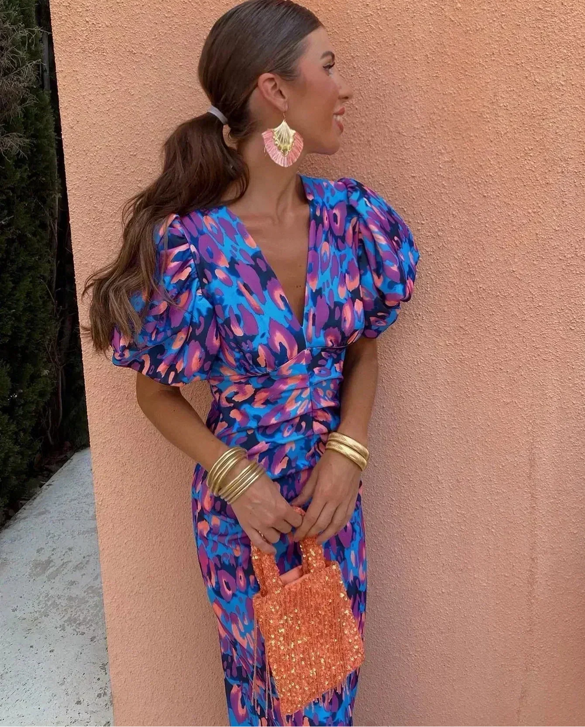 Loren Dress With Puff Sleeves, Printed V-Neck Midi Dress