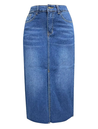 Denim skirt showing the front slit detail