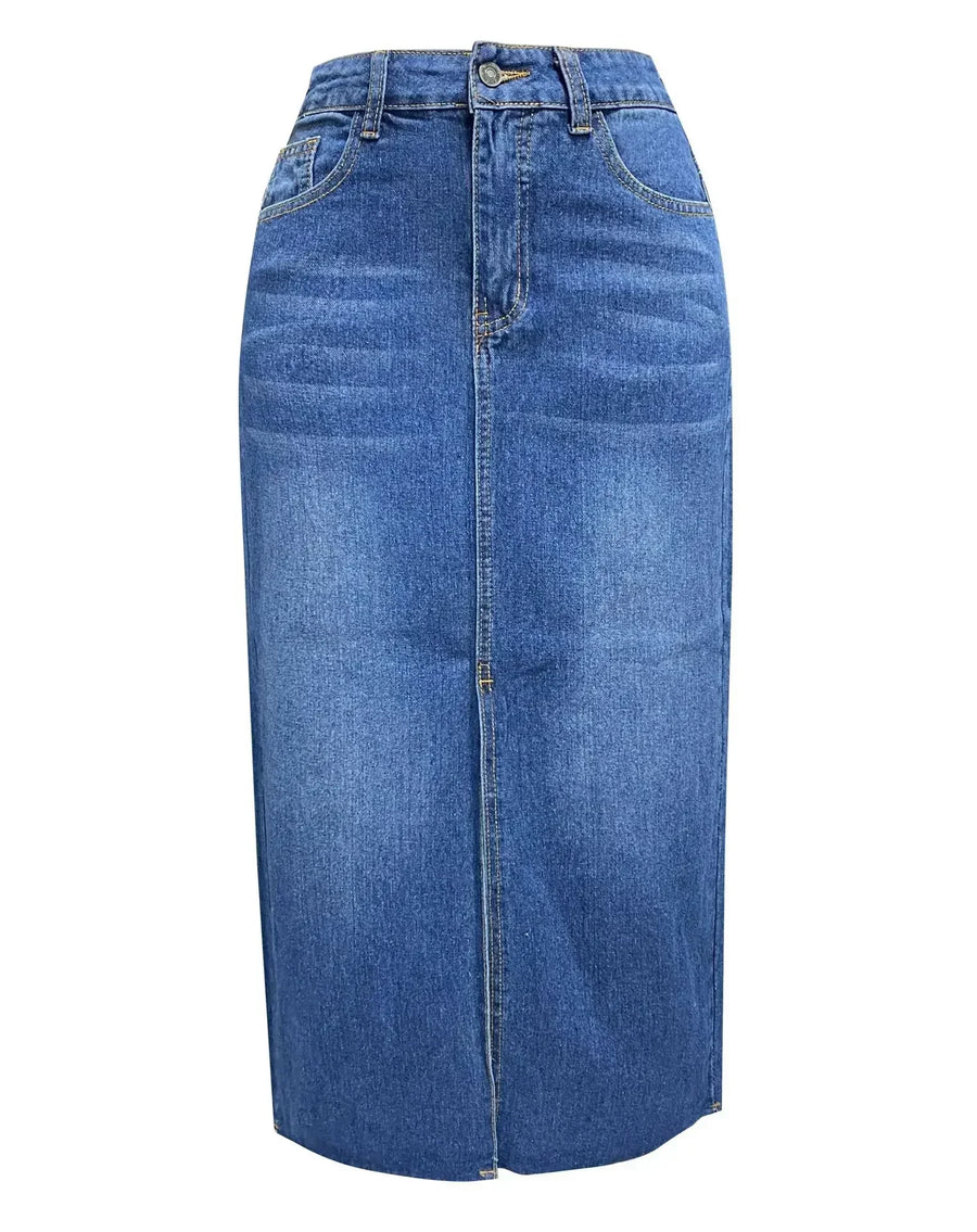 Denim skirt showing the front slit detail