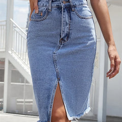 High waisted denim skirt styled with a tee