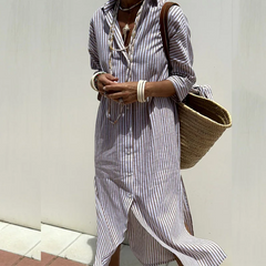 Full length view of the striped shirt dress