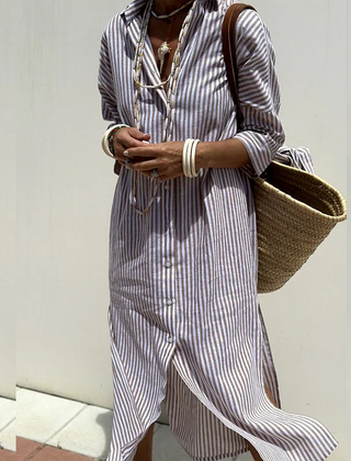 Full length view of the striped shirt dress