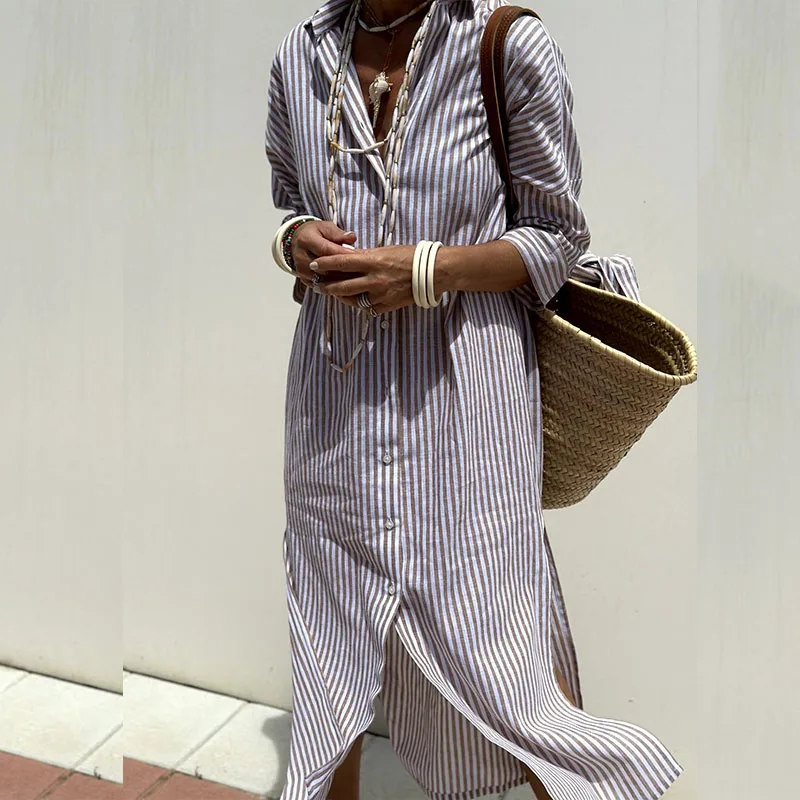 Full length view of the striped shirt dress