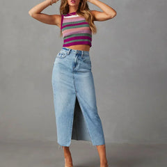 High waist denim skirt front view