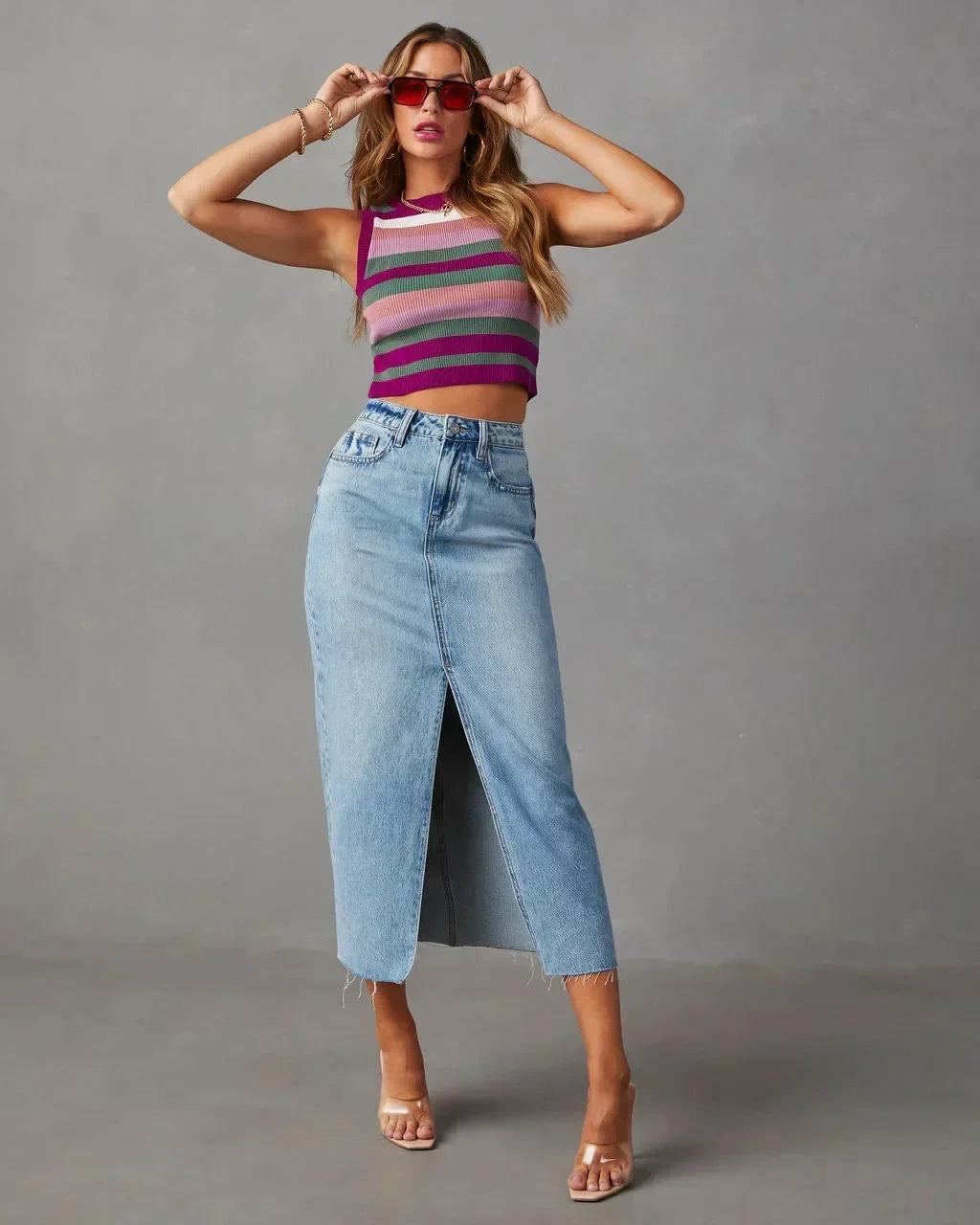 High waist denim skirt front view