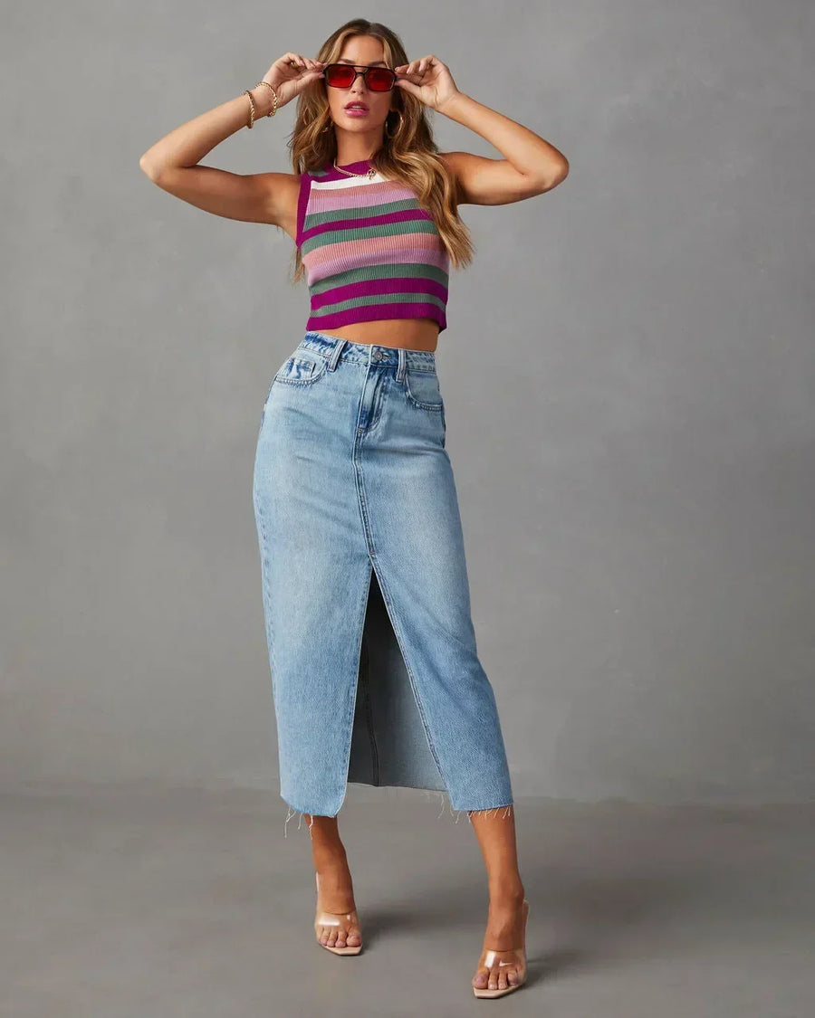 High waist denim skirt front view