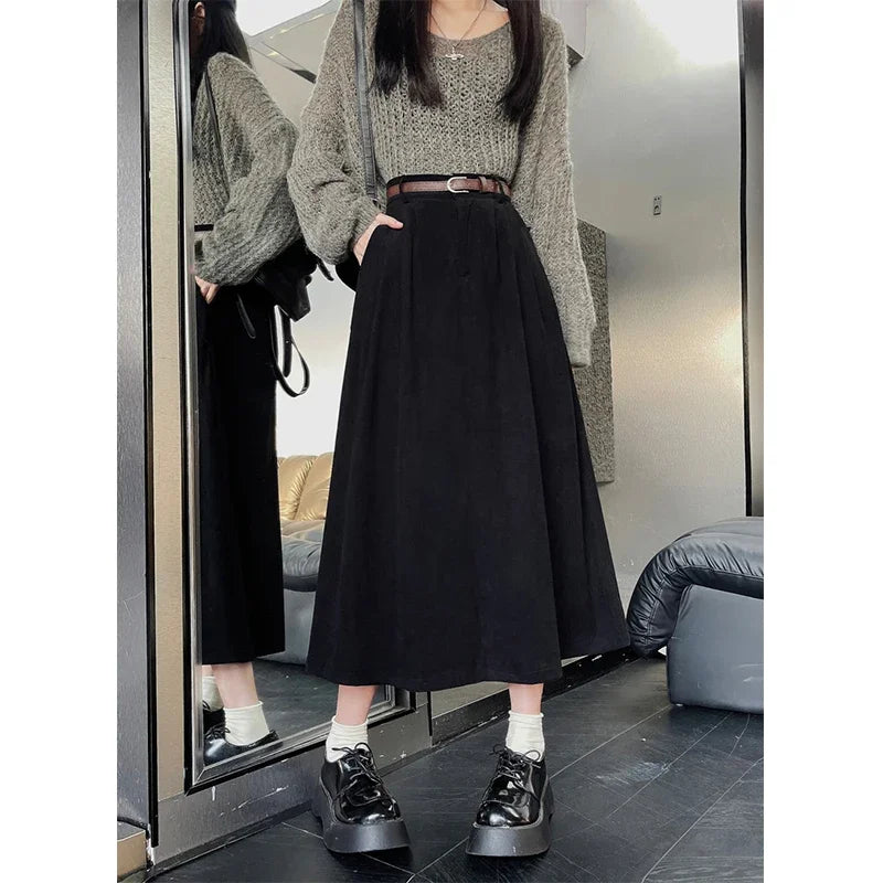 Corduroy A line skirt styled with a knit