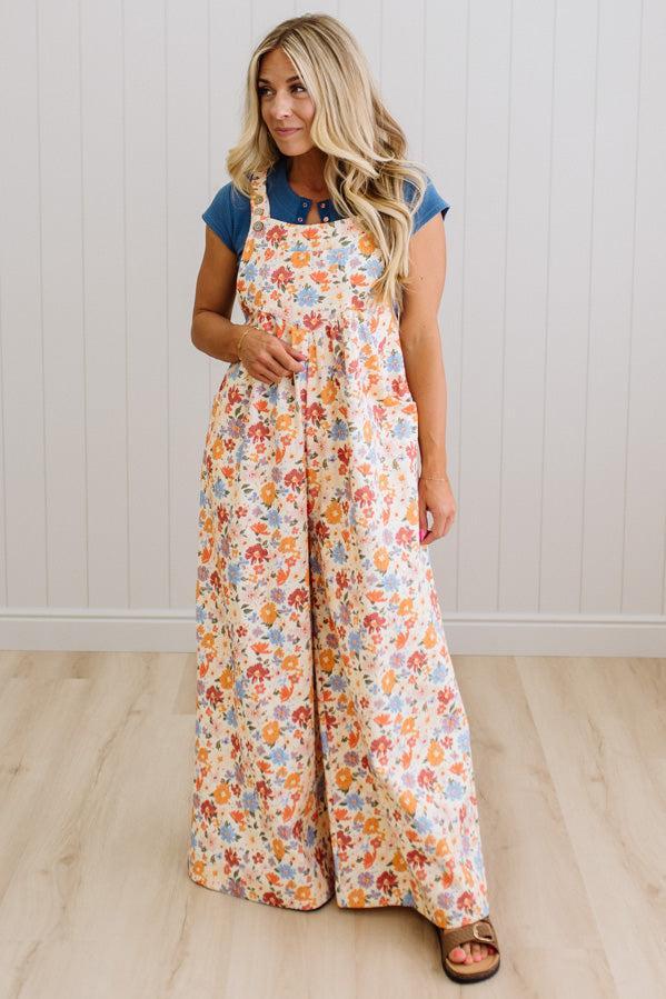Marlowe floral wide leg overalls, print detail