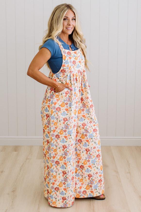 Marlowe floral wide leg overalls, detail