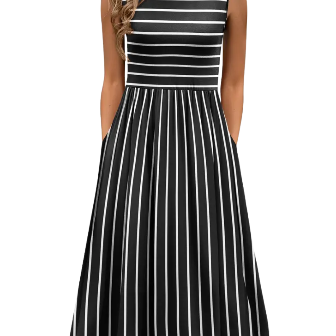 Sleeveless pocket midi dress in printed cotton