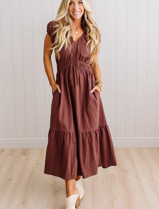 Tanya tie front midi dress in Cocoa Brown