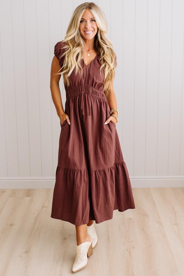Tanya tie front midi dress in Cocoa Brown