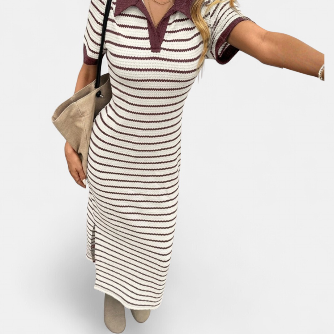 Striped knit dress shown in three colourways