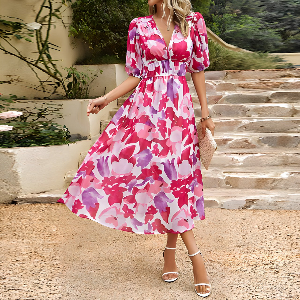 Floral midi dress with lantern sleeves
