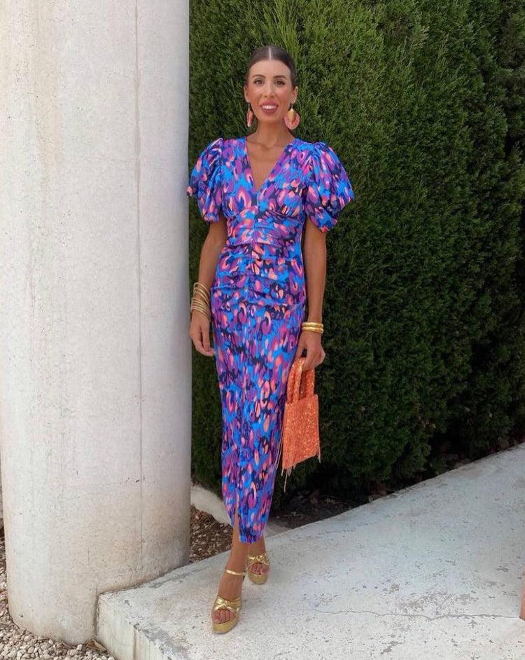 Loren Dress With Puff Sleeves, Printed V-Neck Midi Dress