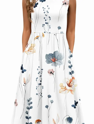 Sleeveless pocket midi dress in white print