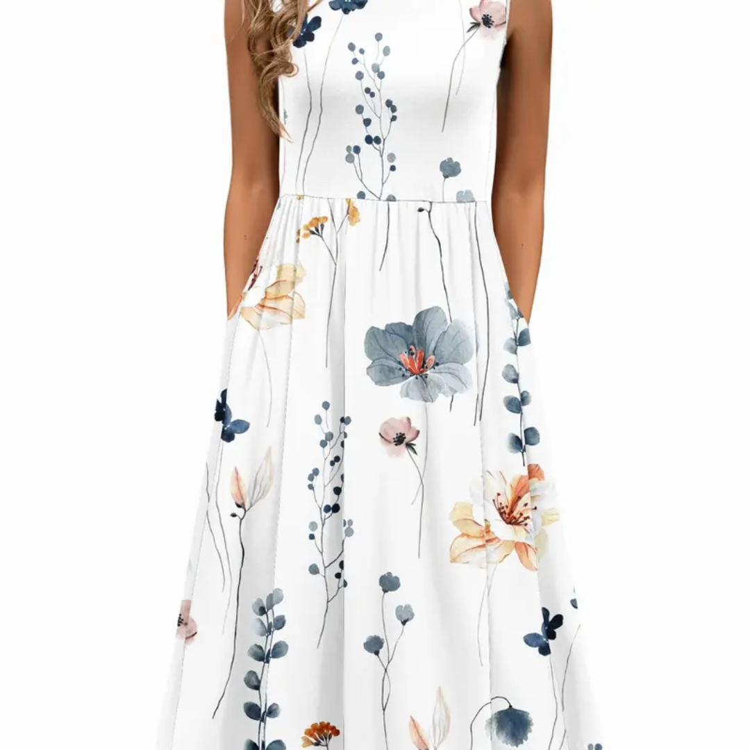 Sleeveless pocket midi dress in white print