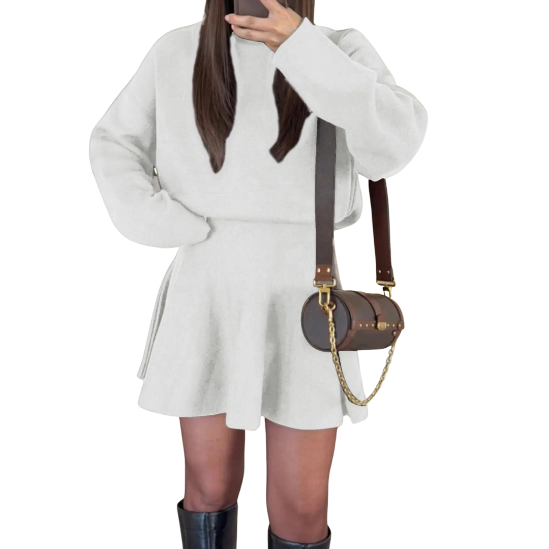 White long sleeve dress with flared skirt