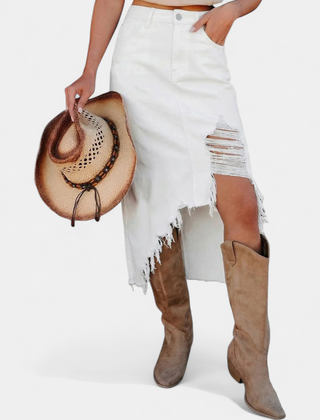 Blake high waist denim maxi skirt in white