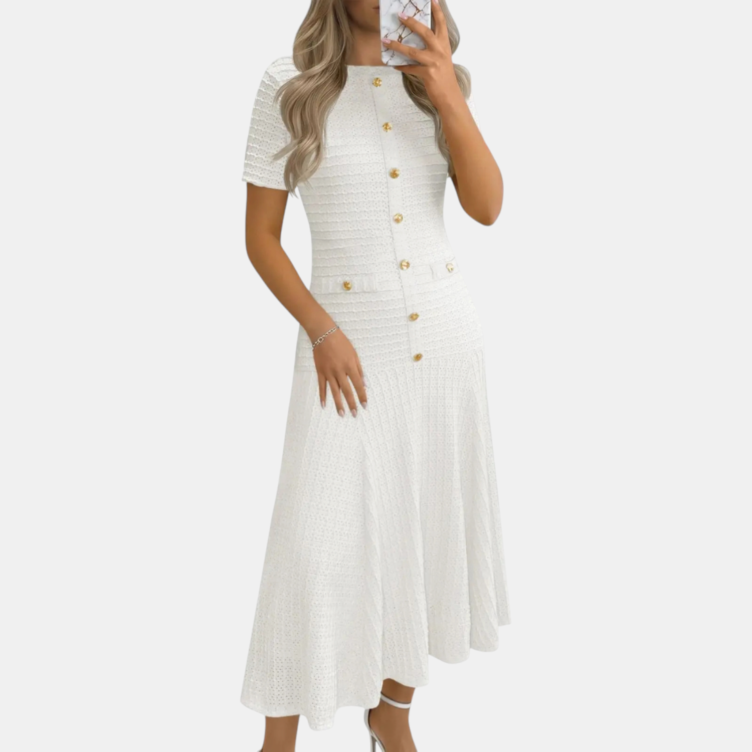 Button front midi dress in white