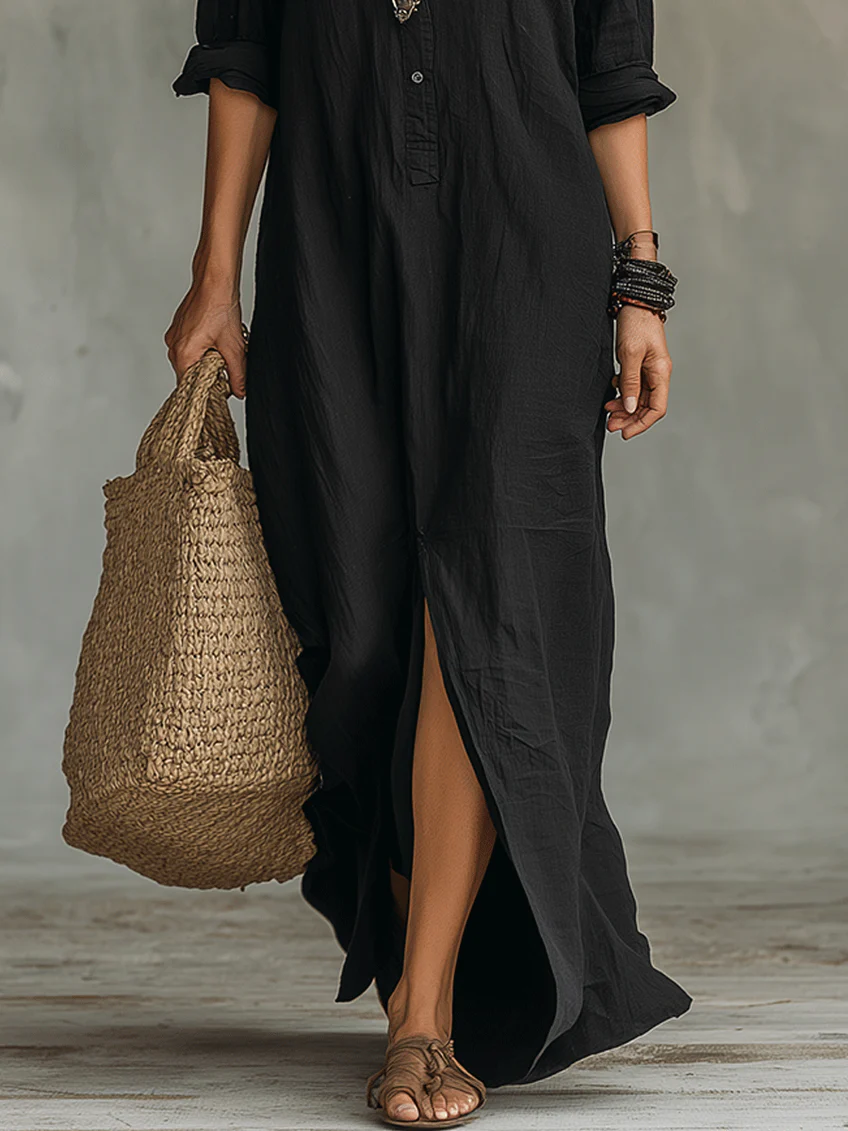 Lorelei Loose Black Maxi Dress With Buttons