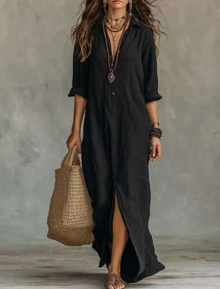 Lorelei Loose Black Maxi Dress With Buttons