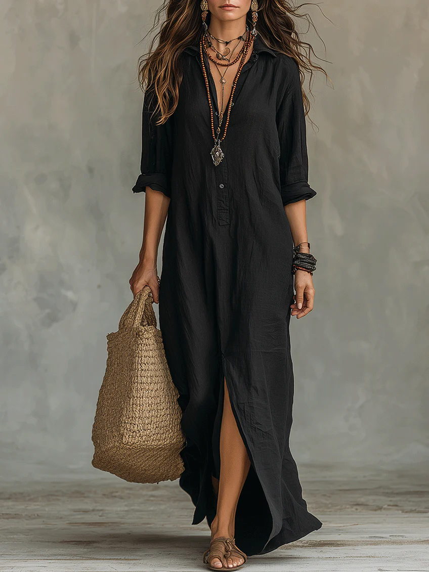 Lorelei Loose Black Maxi Dress With Buttons