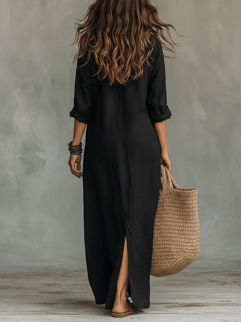 Lorelei Loose Black Maxi Dress With Buttons