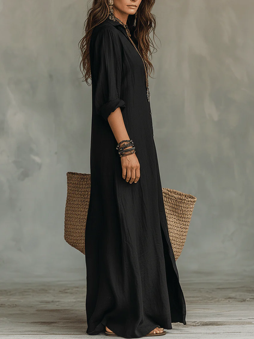 Lorelei Loose Black Maxi Dress With Buttons