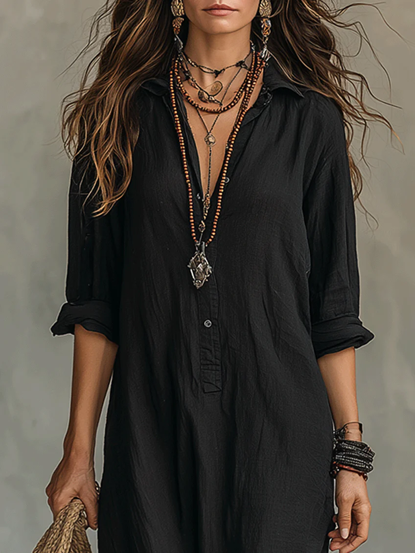 Lorelei Loose Black Maxi Dress With Buttons