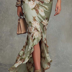 Anastasia Long Satin Dress With Floral Print | Elegant V-Neck Midi Dress