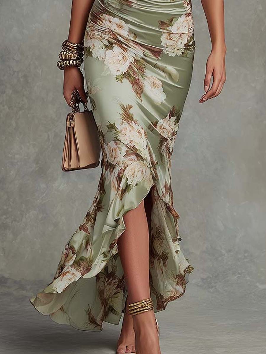 Anastasia Long Satin Dress With Floral Print | Elegant V-Neck Midi Dress