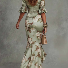Anastasia Long Satin Dress With Floral Print | Elegant V-Neck Midi Dress