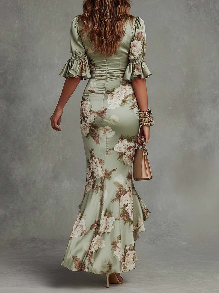 Anastasia Long Satin Dress With Floral Print | Elegant V-Neck Midi Dress