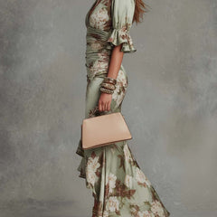 Anastasia Long Satin Dress With Floral Print | Elegant V-Neck Midi Dress
