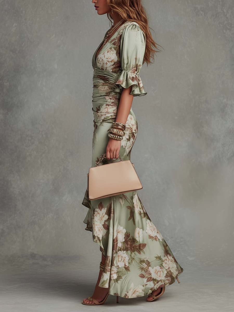 Anastasia Long Satin Dress With Floral Print | Elegant V-Neck Midi Dress