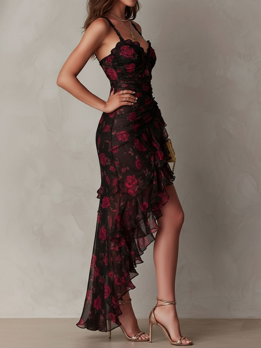 Lowe Floral Ruched Ruffle Hem Dress