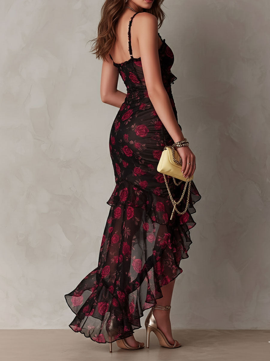 Lowe Floral Ruched Ruffle Hem Dress