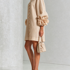 Rosina Blossom-Cuff Button Mini Dress with Floral Cuff Detail