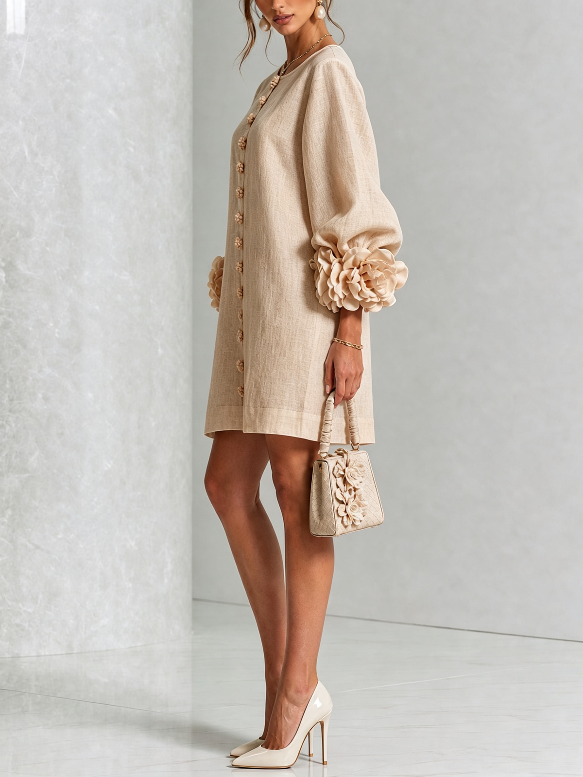 Rosina Blossom-Cuff Button Mini Dress with Floral Cuff Detail
