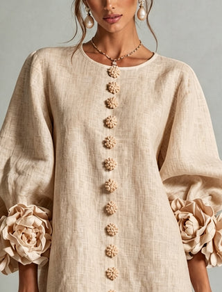 Rosina Blossom-Cuff Button Mini Dress with Floral Cuff Detail
